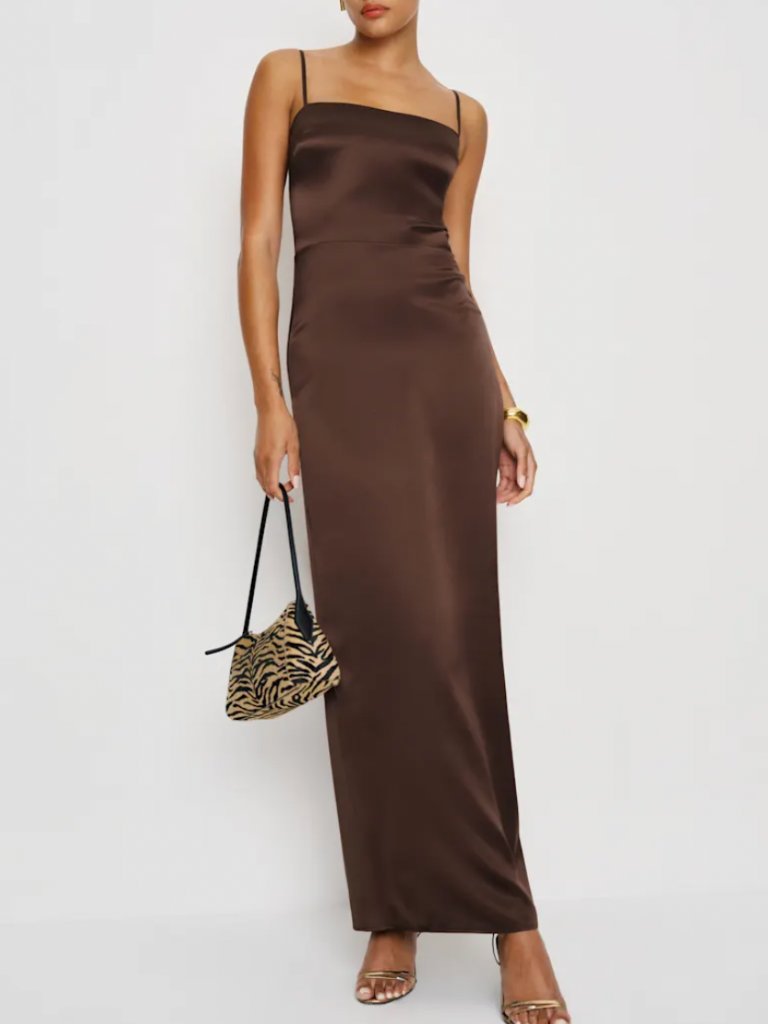 Reformation Frankie Silk Maxi Dress Sz2 Cafe Brown Event Cocktail Party